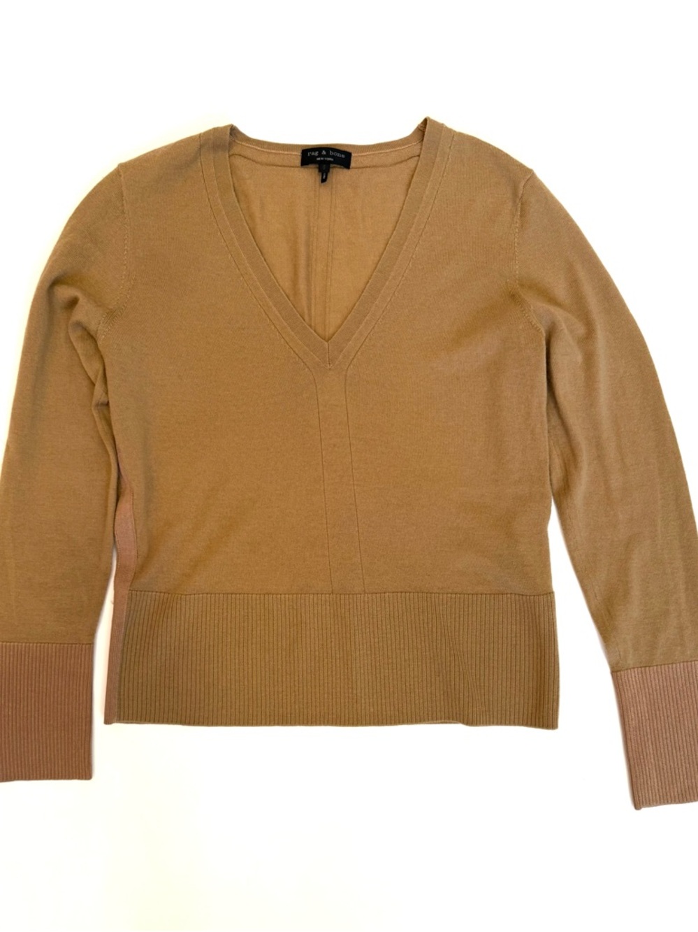 Rag and Bone V-Neck Jessica Wool Sweater in Camel, Size S